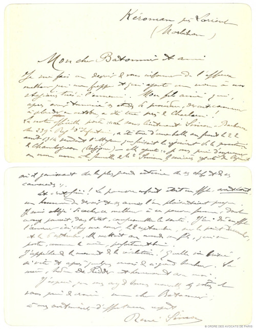 Simon Barboux Lettre de son père au Bâtonnier